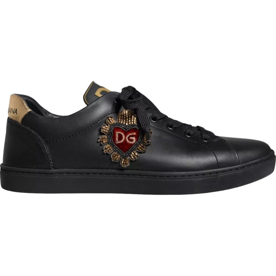 Dolce & Gabbana Black Leather Heart Low Top Sneaker Shoes - EU42.5/US9.5