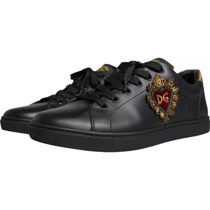 Dolce & Gabbana Black Leather Heart Low Top Sneaker Shoes - EU42.5/US9.5