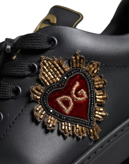 Dolce & Gabbana Black Leather Heart Low Top Sneaker Shoes - EU42.5/US9.5