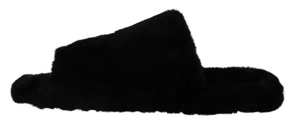 Dolce & Gabbana Black Polyester Faux Fur Mens Flats Sandals Shoes - EU44.5/US11.5