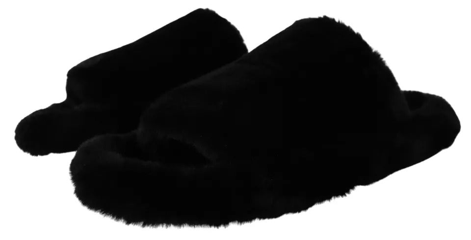 Dolce & Gabbana Black Polyester Faux Fur Mens Flats Sandals Shoes - EU44.5/US11.5