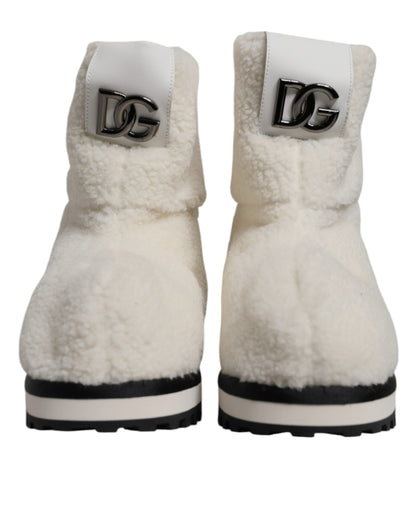 Dolce & Gabbana White Plush Logo Padded Mid Calf Boots Shoes - EU44/US11