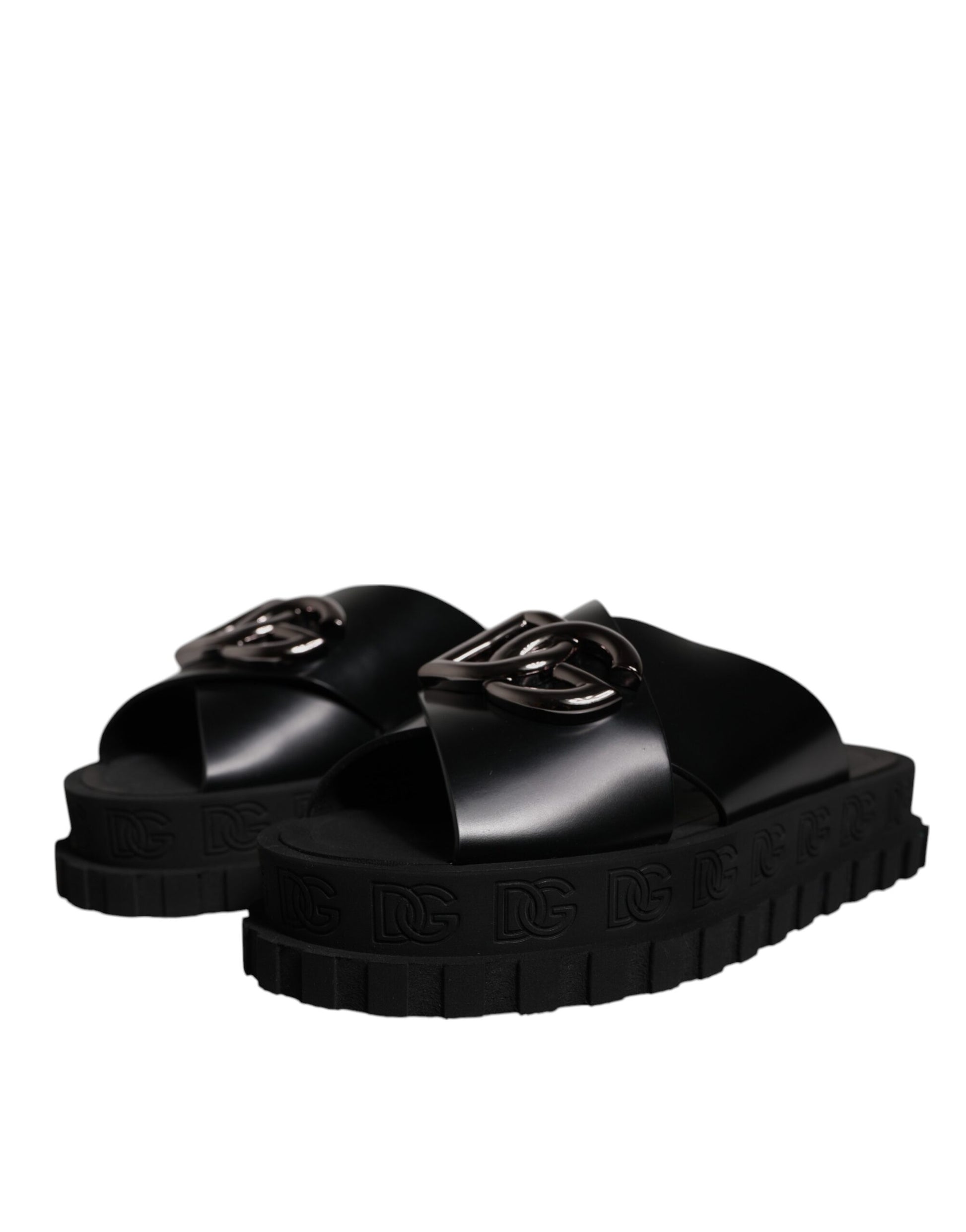 Dolce & Gabbana Black Leather DG Criss Cross Slides Sandals Shoes - EU39/US6