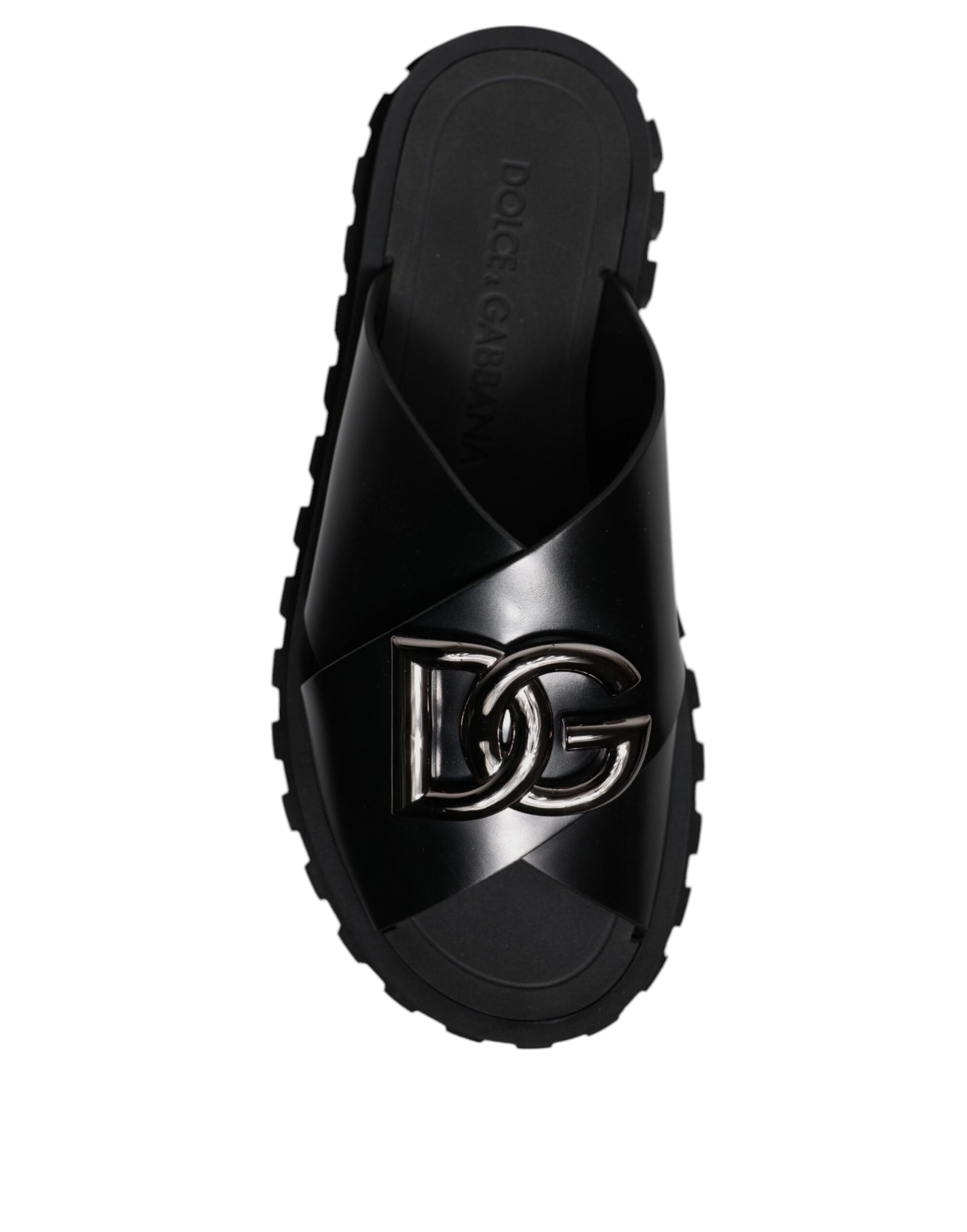 Dolce & Gabbana Black Leather DG Criss Cross Slides Sandals Shoes - EU39/US6