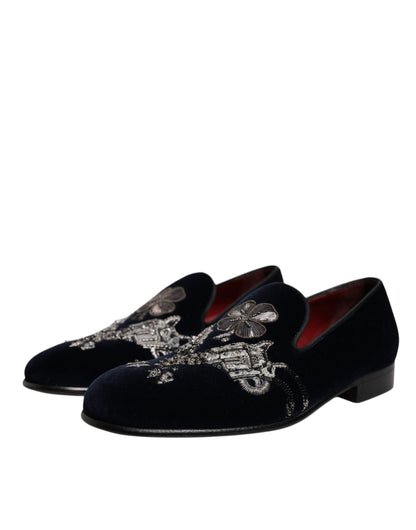 Dolce & Gabbana Black Velvet Floral Gun Loafers Dress Shoes