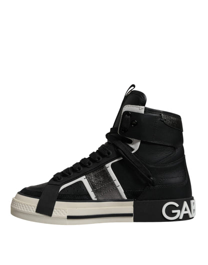 Dolce & Gabbana Black Silver Leather High Top Sneaker Shoes - EU39.5/US6.5