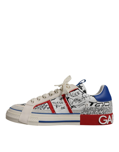 Dolce & Gabbana White Leather Graffiti Custom 2.Zero Sneakers Shoes - EU45/US12