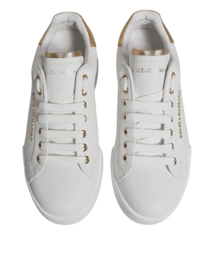 Dolce & Gabbana White Gold Leather Portofino Sneakers Shoes - EU39.5/US6.5