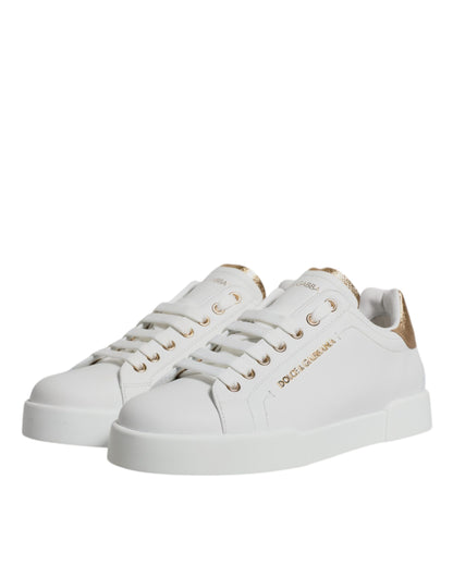 Dolce & Gabbana White Gold Leather Portofino Sneakers Shoes - EU39.5/US6.5