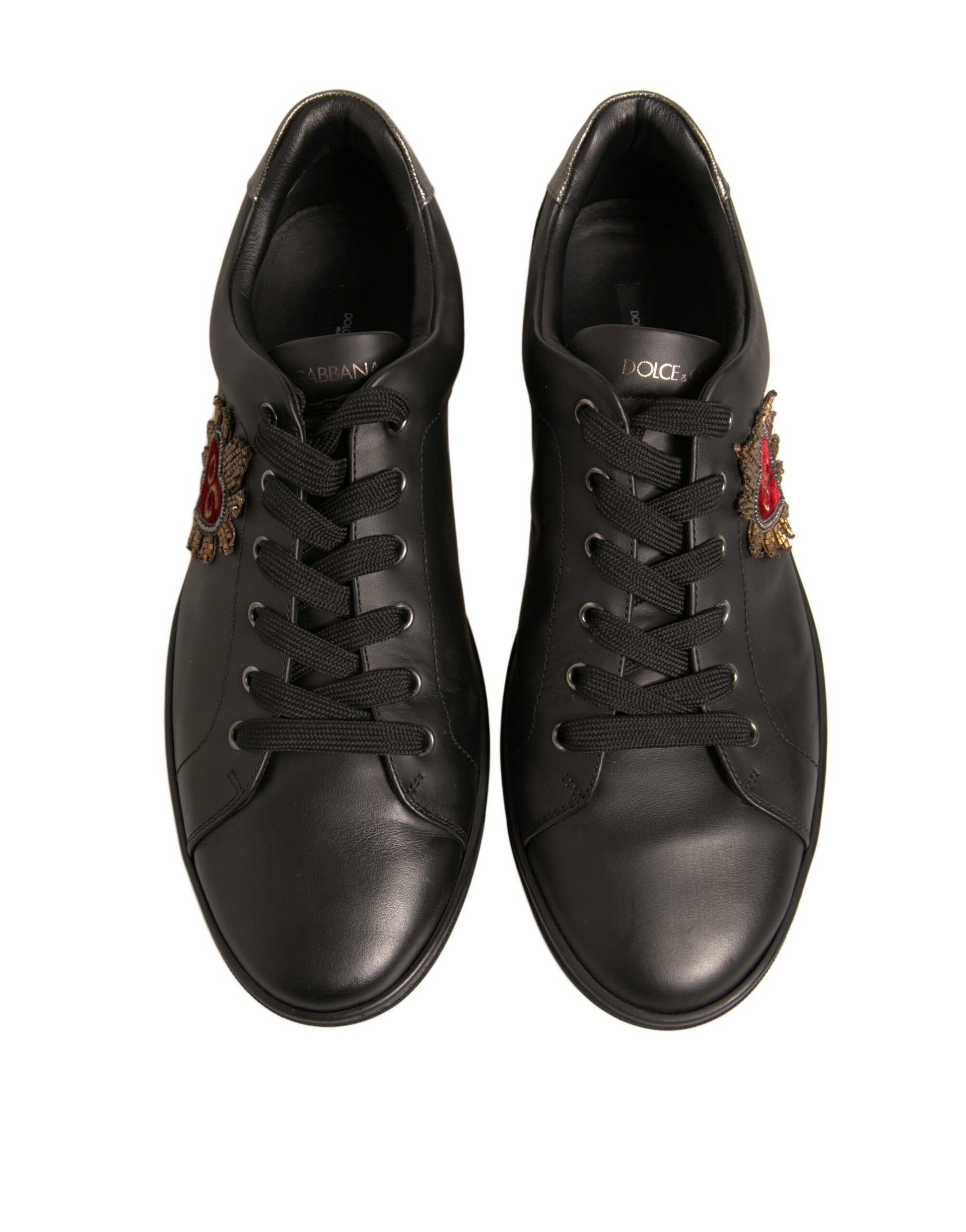 Dolce & Gabbana Black Leather Heart Embellished Sneakers Shoes - EU44/US11