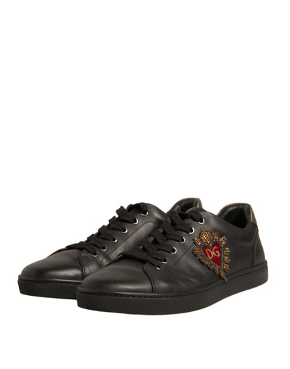 Dolce & Gabbana Black Leather Heart Embellished Sneakers Shoes - EU44/US11