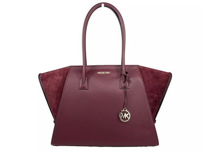 Michael Kors Avril XL Suede Leather Top Zip Satchel Bag Oxblood Red