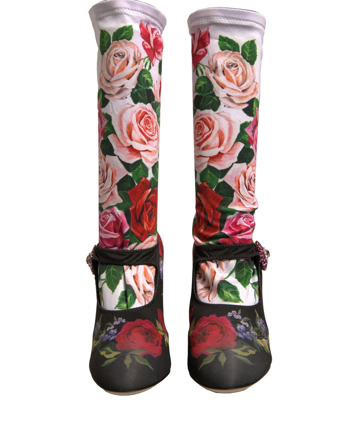 Dolce & Gabbana Black Floral Socks Crystal Boots Jersey Shoes - EU38/US8