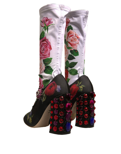 Dolce & Gabbana Black Floral Socks Crystal Boots Jersey Shoes - EU38/US8