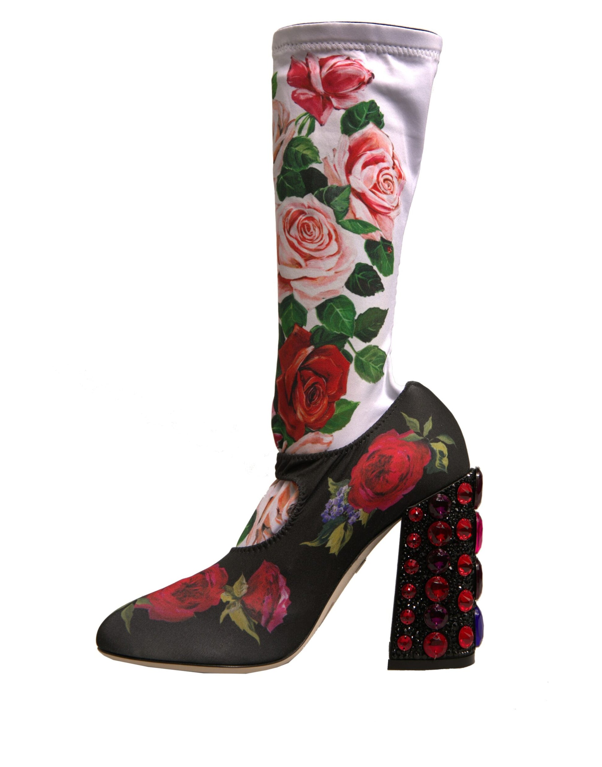 Dolce & Gabbana Black Floral Socks Crystal Boots Jersey Shoes - EU38/US8