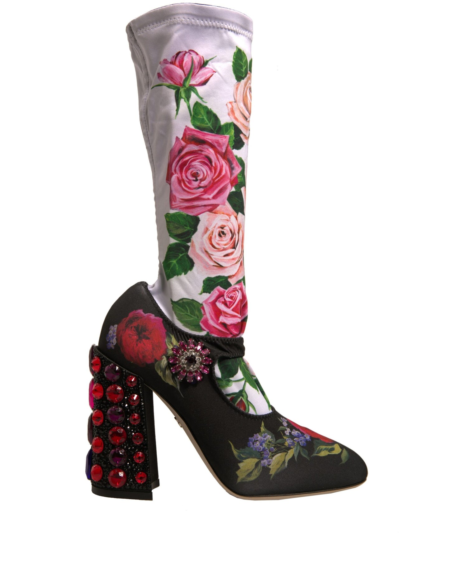 Dolce & Gabbana Black Floral Socks Crystal Boots Jersey Shoes