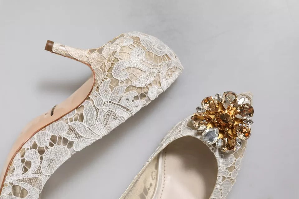 Dolce & Gabbana White Taormina Lace Crystal Heel Pumps Shoes