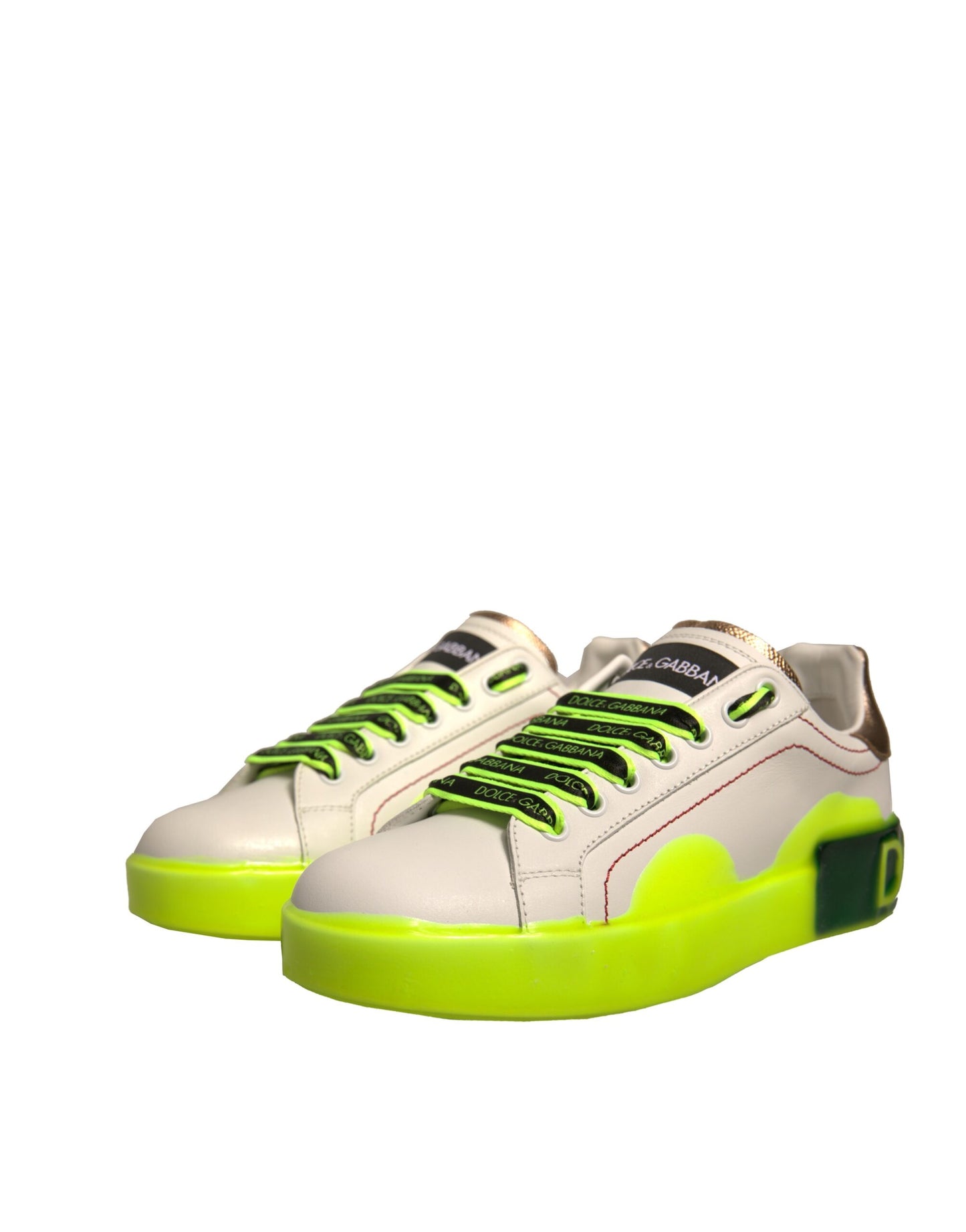 Dolce & Gabbana White Yellow Portofino Leather Sneakers Shoes