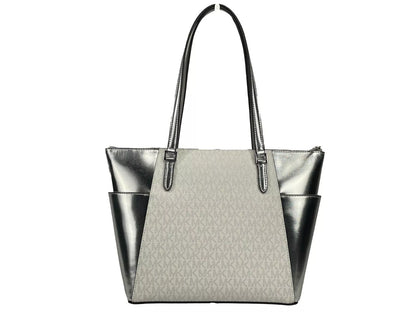 Michael Kors Charlotte Large Leather Top Zip Tote Bag Purse Silver