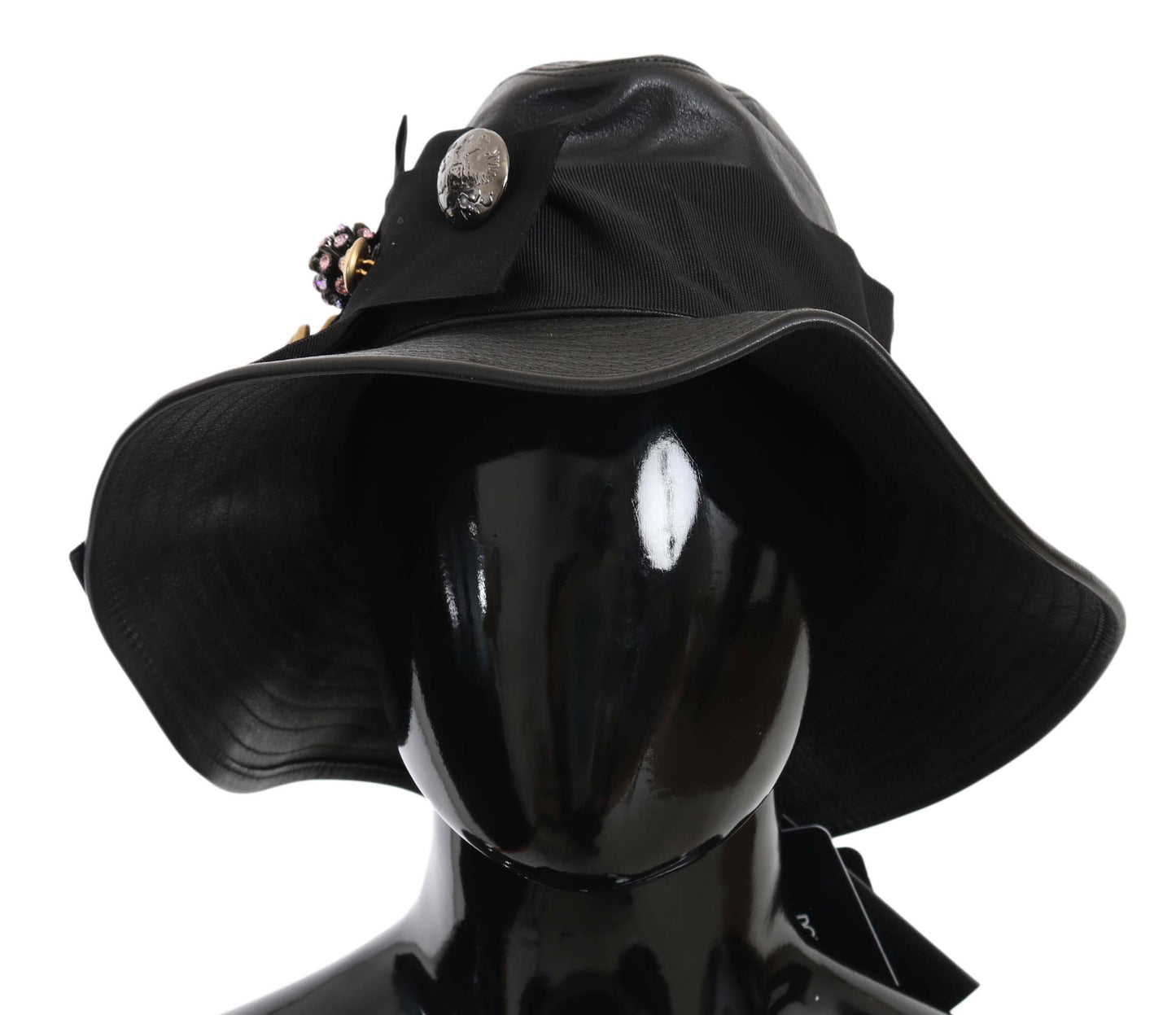 Dolce & Gabbana Elegant Black Leather Cloche Cap - 56 cm|XS