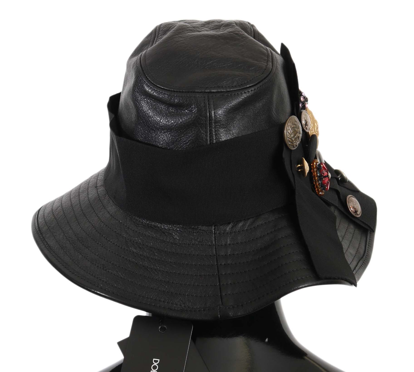 Dolce & Gabbana Elegant Black Leather Cloche Cap - 56 cm|XS