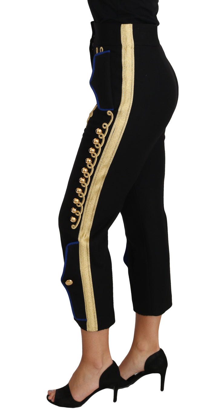 Dolce & Gabbana Elegant Black Military Embellished Pants - IT38|XS