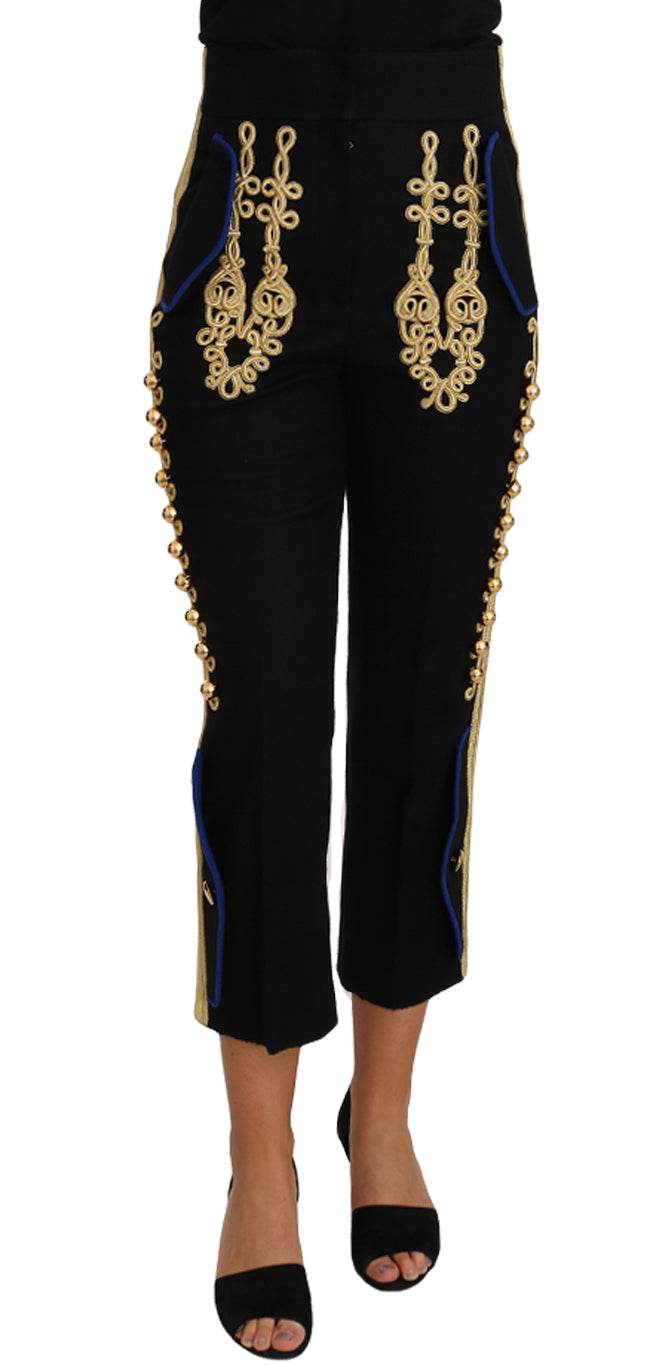 Dolce & Gabbana Elegant Black Military Embellished Pants - IT38|XS