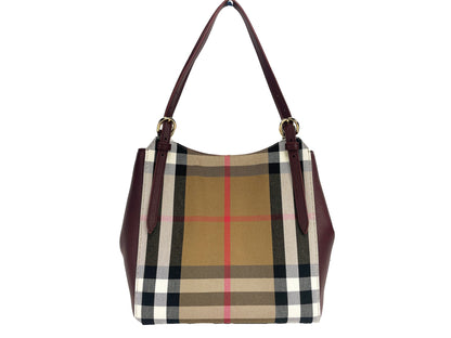 Burberry Small Canterby Mahogany Leather Check Canvas Tote Bag Purse