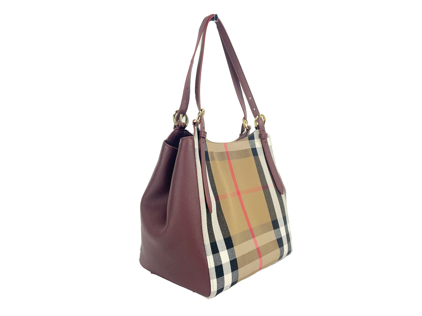 Burberry Small Canterby Mahogany Leather Check Canvas Tote Bag Purse