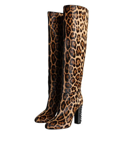 Dolce & Gabbana Beige Black Leopard Knee High Boots Shoes - EU37/US6.5