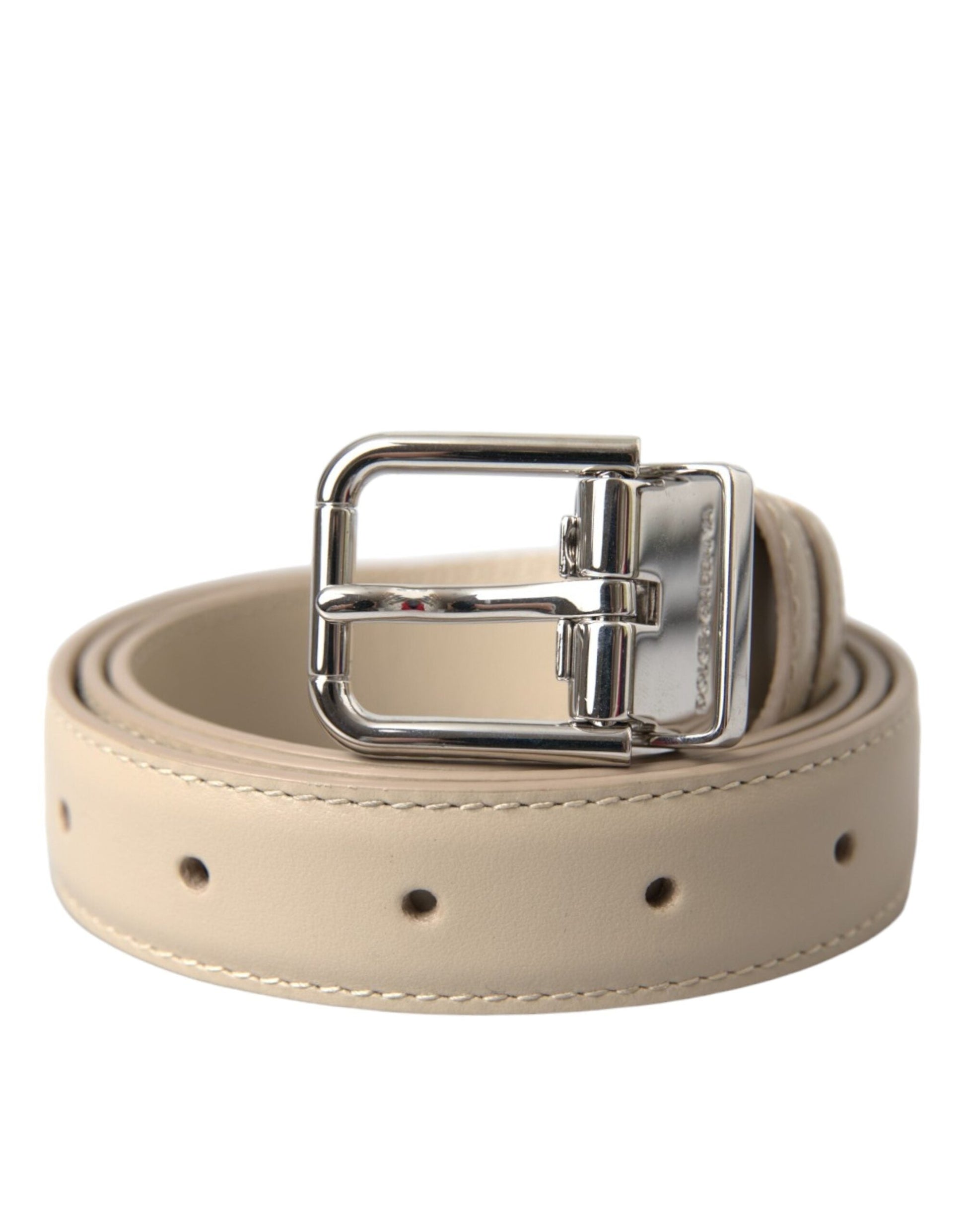 Dolce & Gabbana Beige Calfskin Leather Silver Metal Buckle Belt - 80 cm / 32 Inches