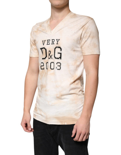 Dolce & Gabbana Beige Graphic Print Cotton V-neck T-shirt - IT48 | M