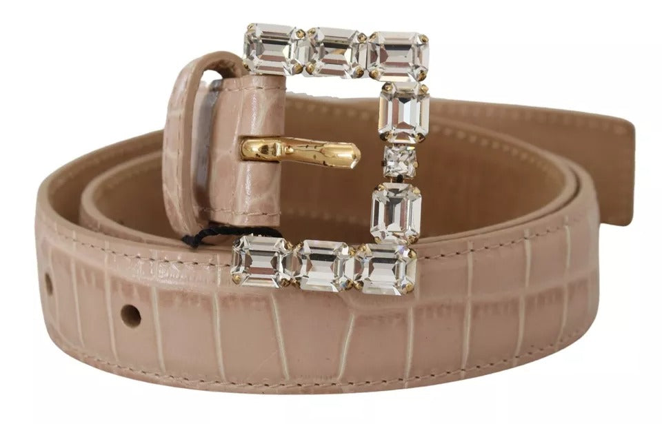 Dolce & Gabbana Beige Leather Crystal Buckle Women Belt - 60 cm / 24 Inches