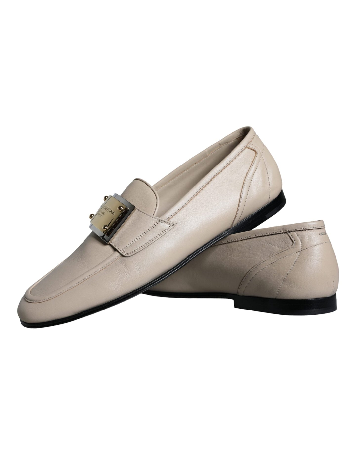 Dolce & Gabbana Beige Leather Logo Plaque Slip On Men Loafers Shoes - EU43/US10