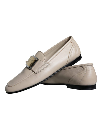 Dolce & Gabbana Beige Leather Logo Plaque Slip On Men Loafers Shoes - EU43/US10