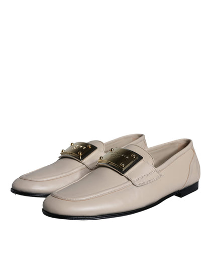 Dolce & Gabbana Beige Leather Logo Plaque Slip On Men Loafers Shoes - EU43/US10