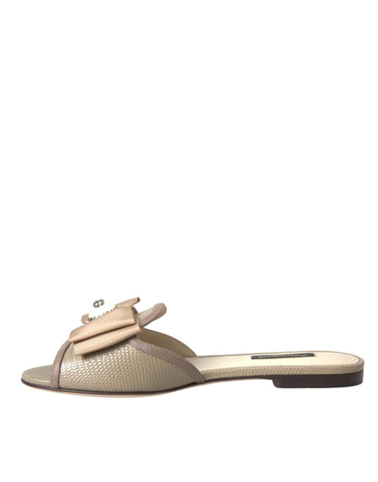 Dolce & Gabbana Beige Logo Pearl Flats Sandals Slides Shoes - EU35/US4.5