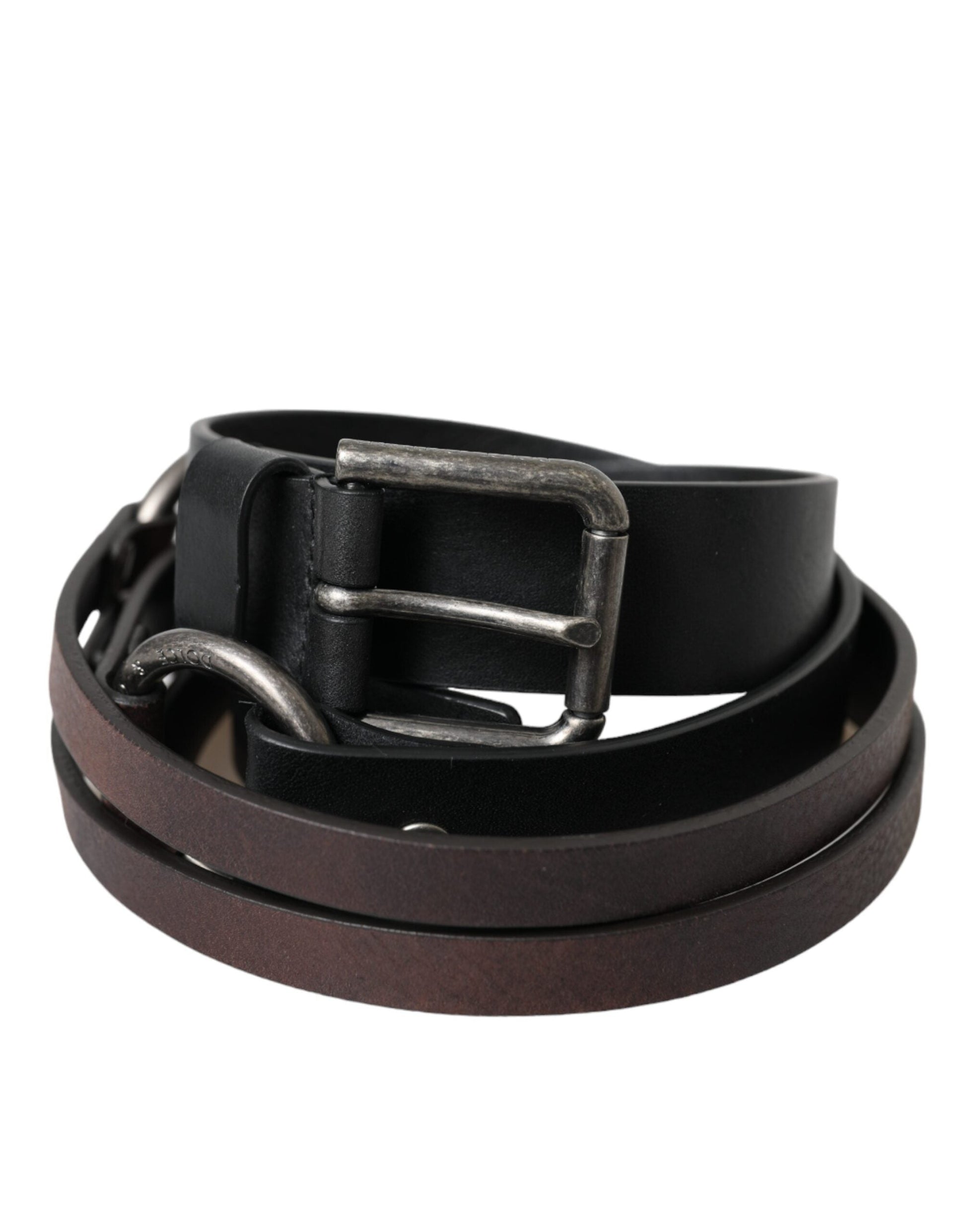 Dolce & Gabbana Black Brown Leather Silver Metal Buckle Belt - 100 cm / 40 Inches