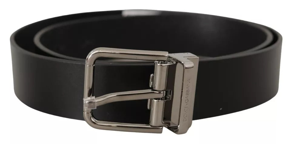 Dolce & Gabbana Black Calf Leather Logo Engraved Metal Buckle Belt - 85 cm / 34 Inches