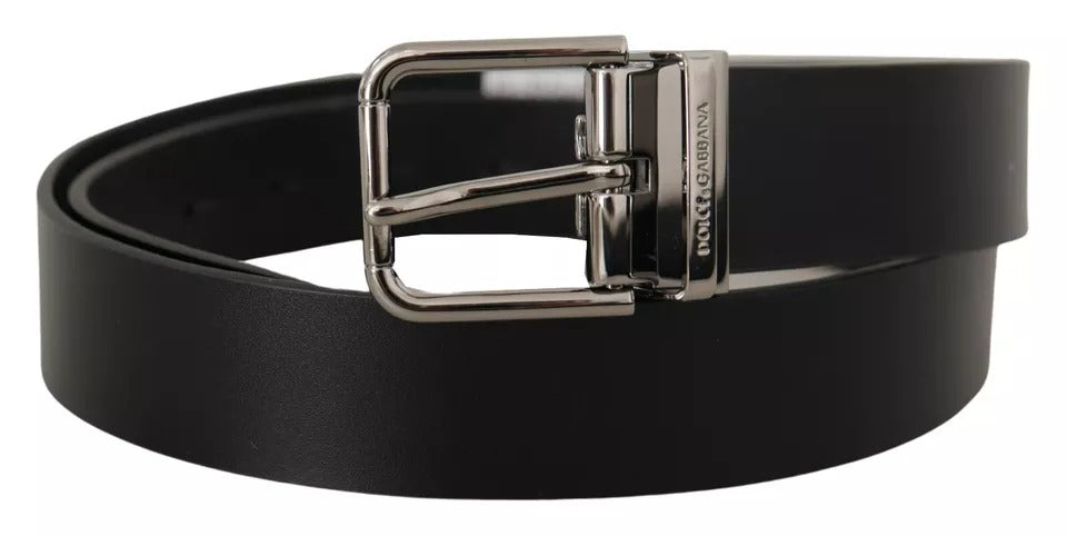 Dolce & Gabbana Black Calf Leather Logo Engraved Metal Buckle Belt - 85 cm / 34 Inches