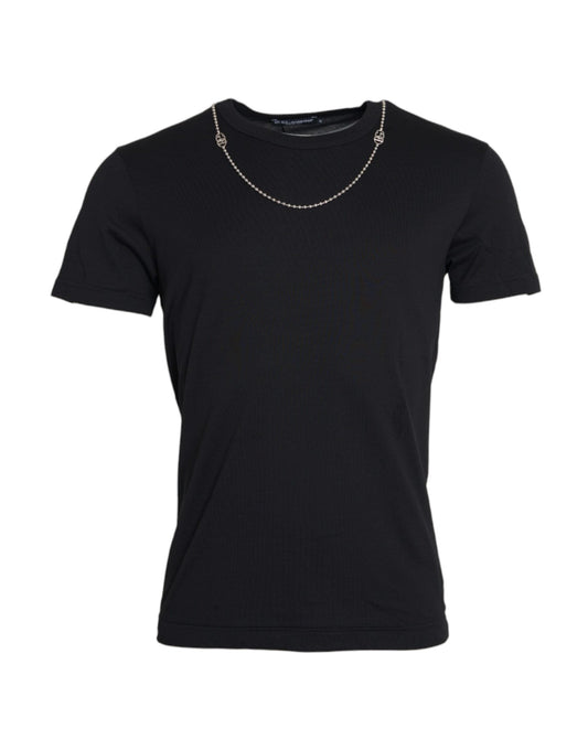 Dolce & Gabbana Black Cotton Silver Chain Short Sleeve T-shirt - IT46 | S