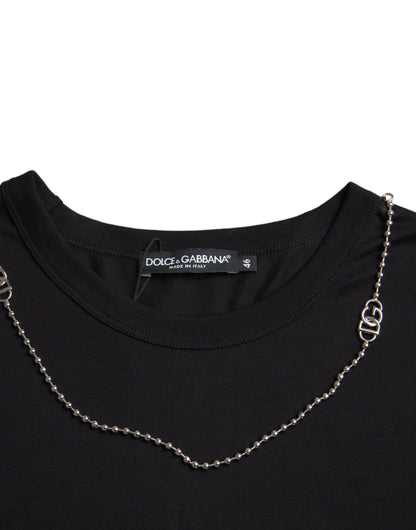 Dolce & Gabbana Black Cotton Silver Chain Short Sleeve T-shirt - IT46 | S