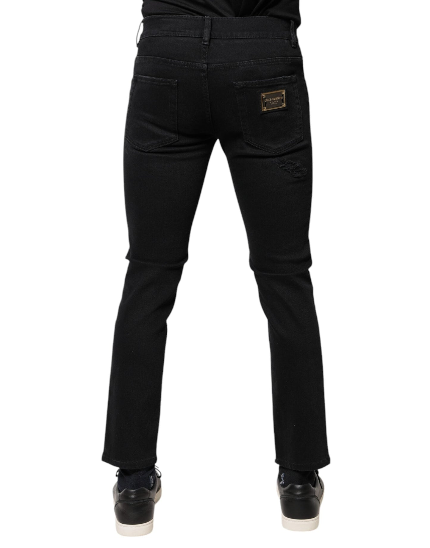 Dolce & Gabbana Black Cotton Tattered Skinny Denim Logo Jeans - IT46 | S