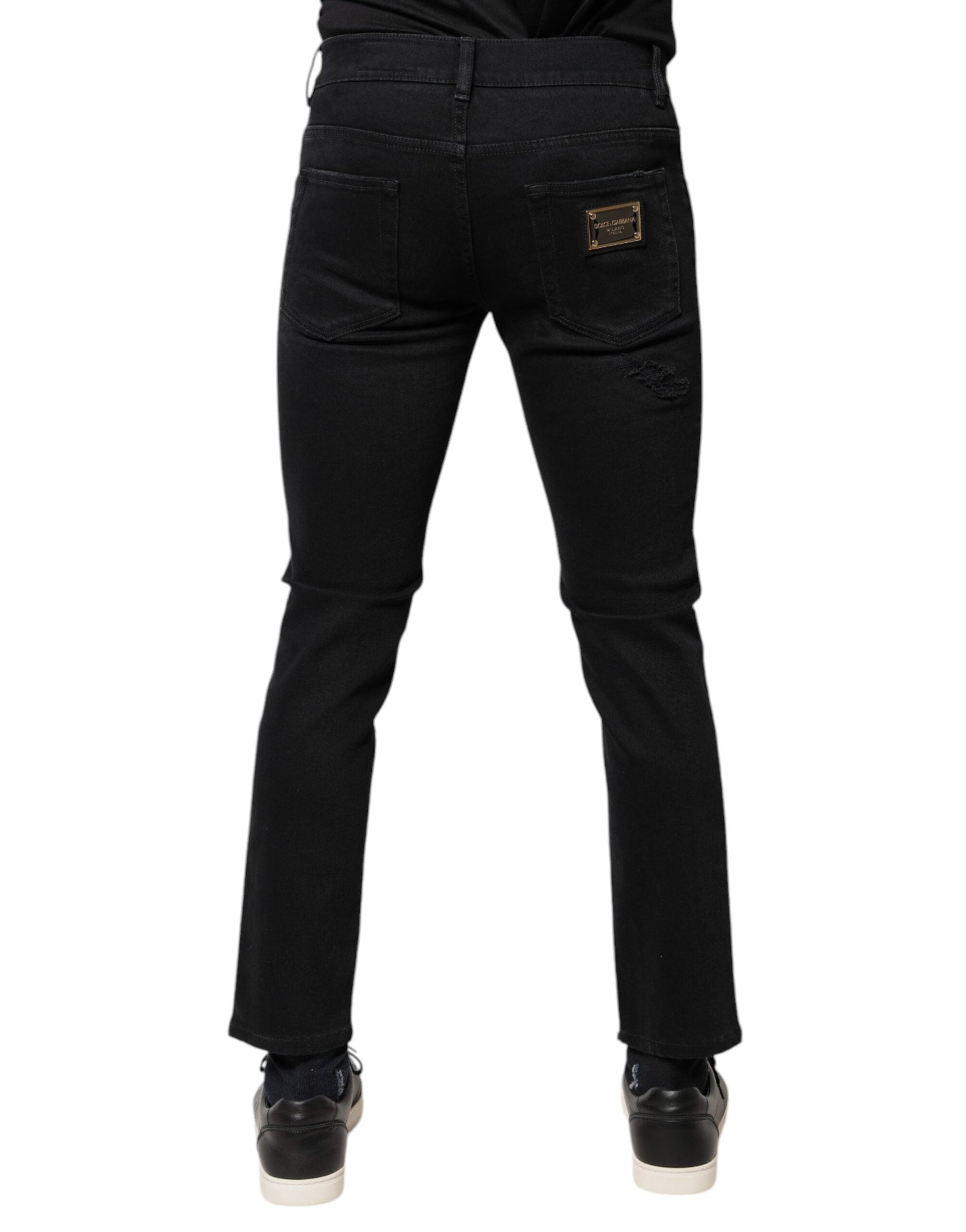 Dolce & Gabbana Black Cotton Tattered Skinny Denim Logo Jeans - IT46 | S