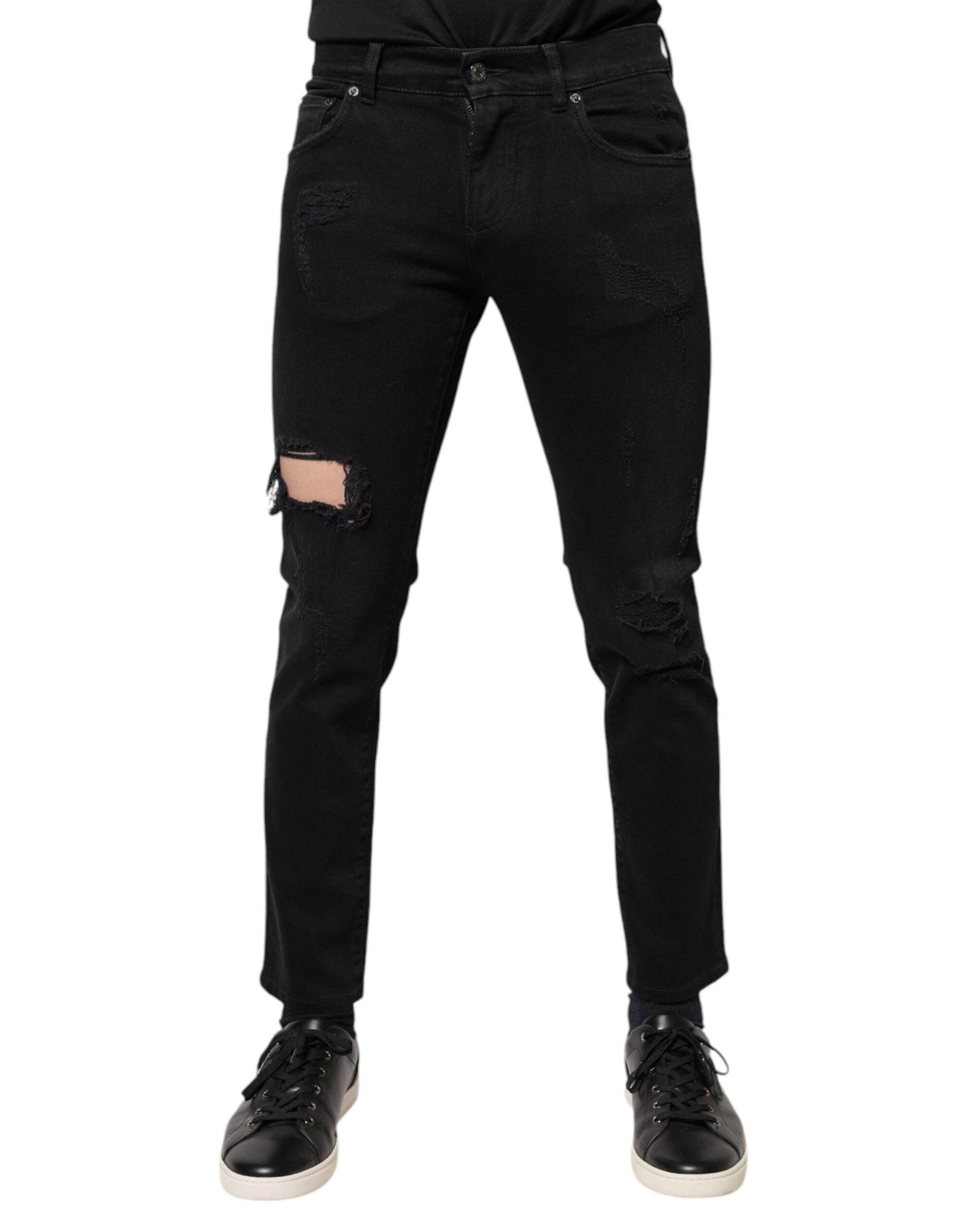 Dolce & Gabbana Black Cotton Tattered Skinny Denim Logo Jeans - IT46 | S