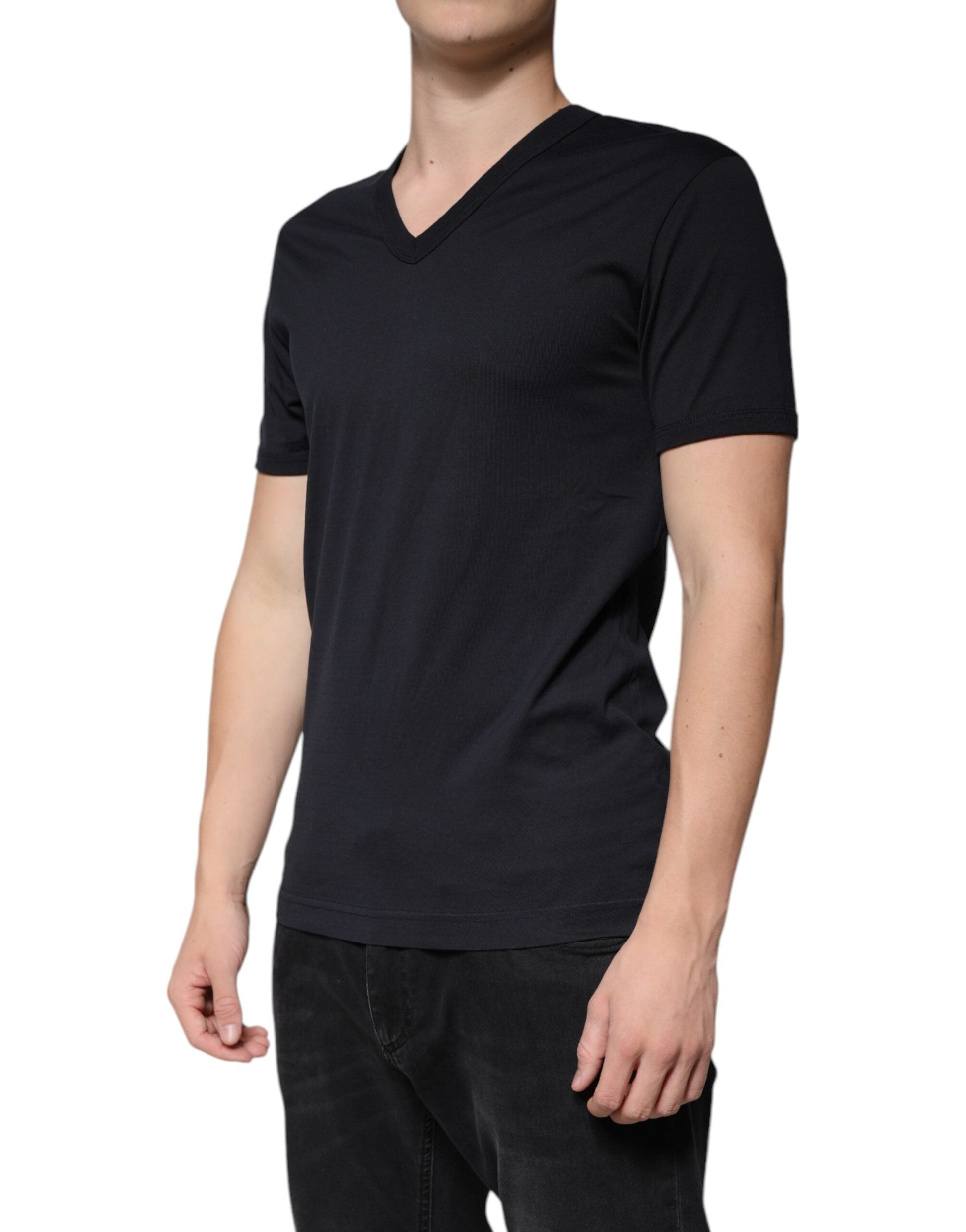 Dolce & Gabbana Black Cotton V-neck Short Sleeves T-shirt - IT46 | S