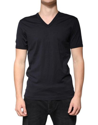 Dolce & Gabbana Black Cotton V-neck Short Sleeves T-shirt - IT46 | S