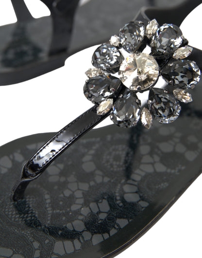 Dolce & Gabbana Black Crystal Flats Sandals Flip Flops Shoes - EU35/US4.5