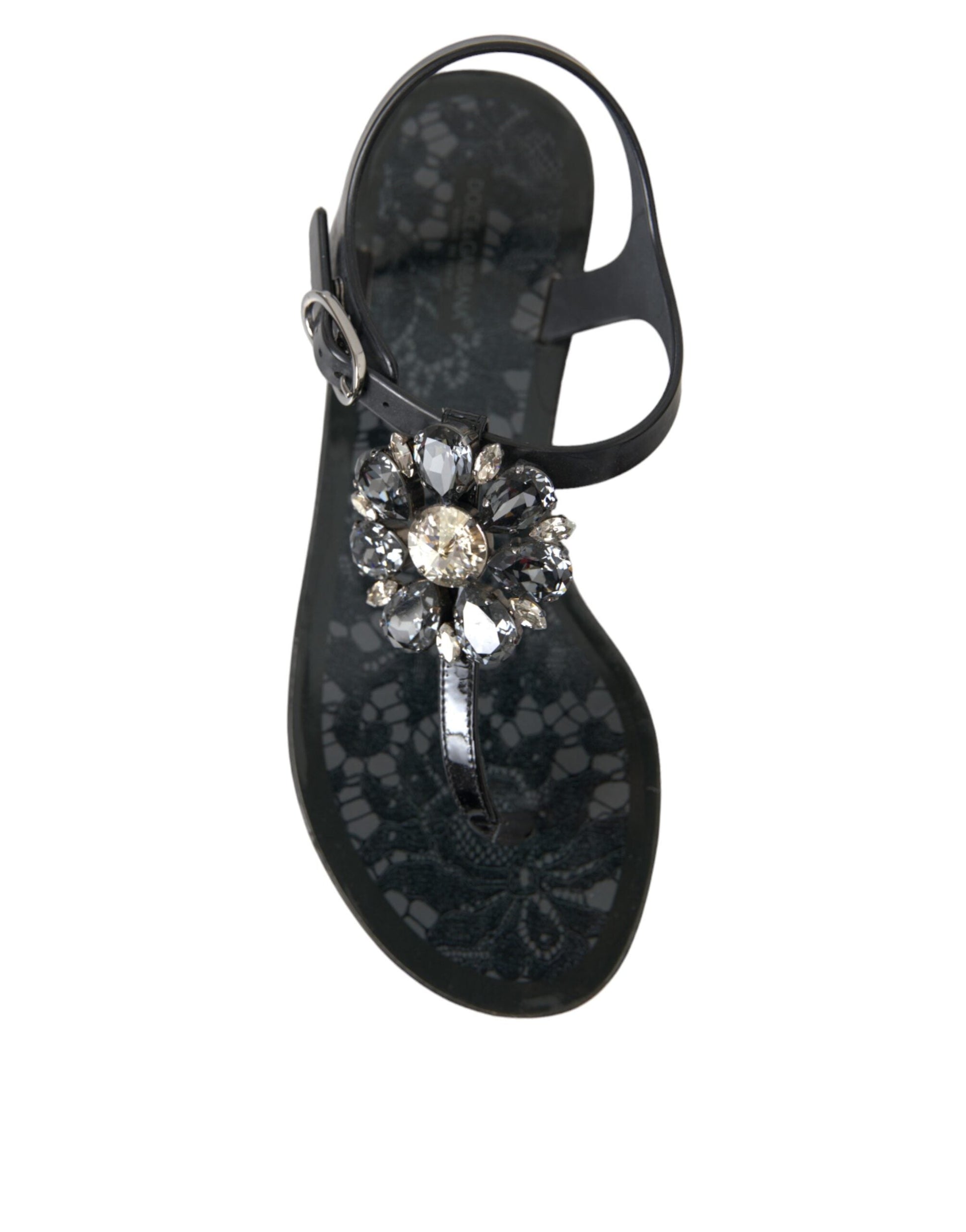 Dolce & Gabbana Black Crystal Flats Sandals Flip Flops Shoes - EU35/US4.5