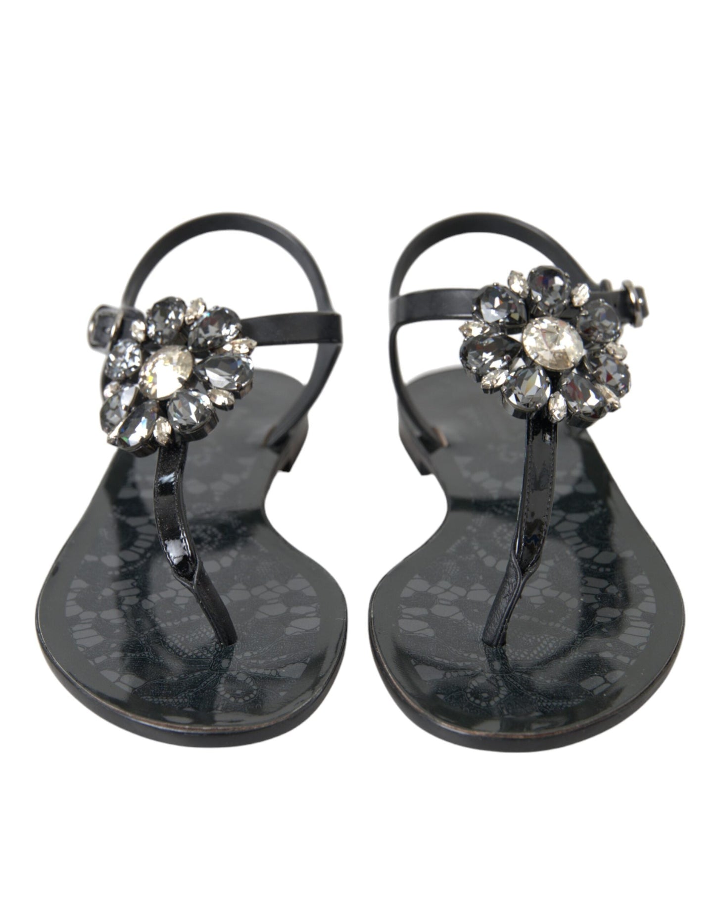 Dolce & Gabbana Black Crystal Flats Sandals Flip Flops Shoes - EU35/US4.5